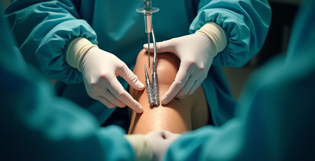 Close-up image of a surgical team performing knee replacement with visible prosthetic implants, surgical instruments and bright operating light