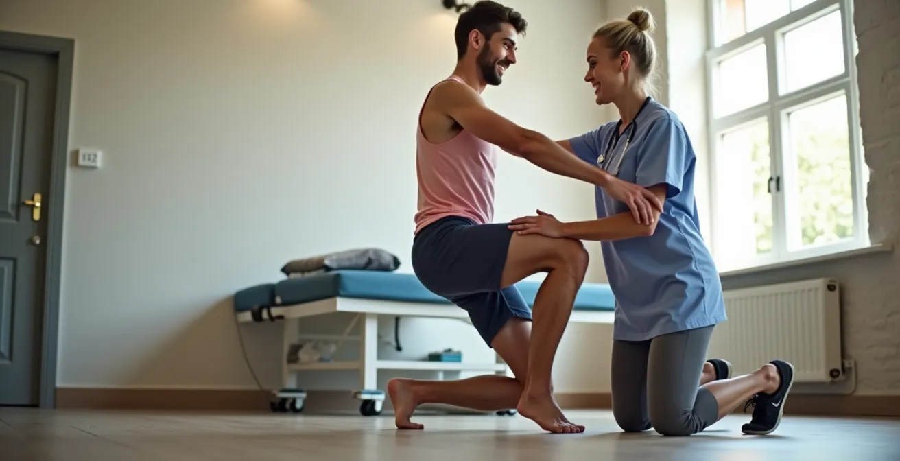 Physiotherapist guiding a patient through knee rehab exercises in a bright therapy room with natural materials and textures