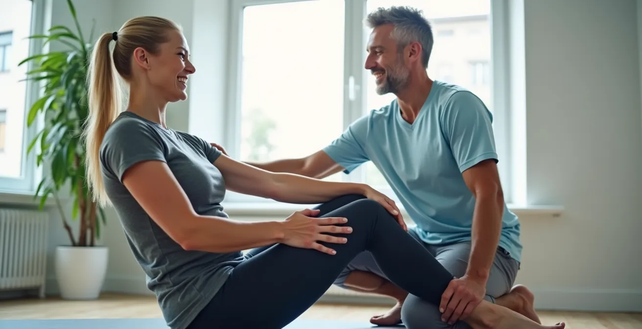 Patient performing pre-operative knee strengthening exercises in a physiotherapy setting with natural light and focus on leg muscles